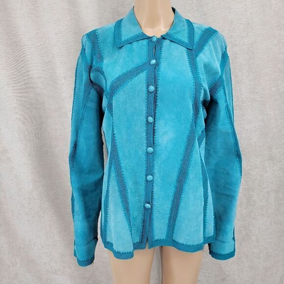 IDI by Matthew Y2K Turquoise Patchwork Suede Jacket Cardigan Women's Size Large - Picture 13 of 16